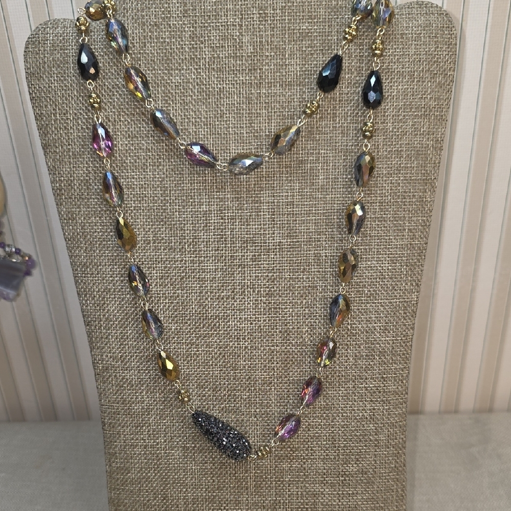 RUSH by Dennis and Charles. AB Glass beads with gold tone clasp and spacers. 36"